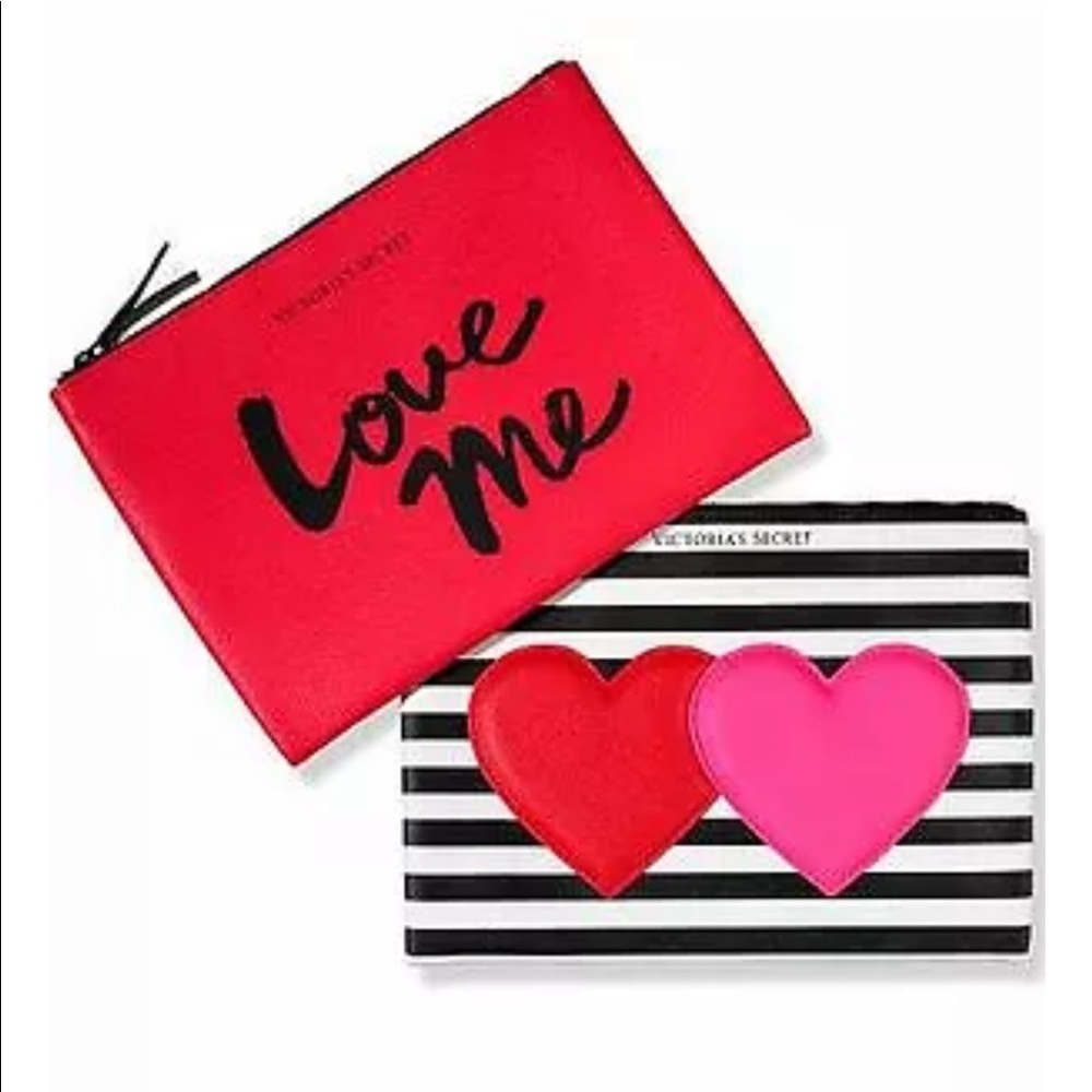 Victoria’s Secret Magnetic Makeup Case Set LOVE ME Clutch Stripes Hearts NEW